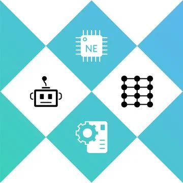 Set Artificial intelligence robot, Neural network, Processor CPU and icon 库存插图