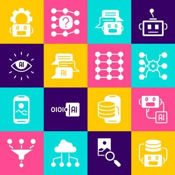 Set Artificial intelligence robot, Neural network, Chat, AI, Robot setting and 库存插图