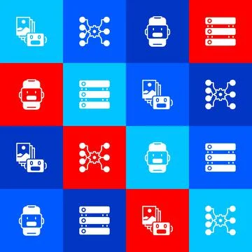 Set Artificial intelligence robot, Neural network, Chat and Server, Data icon Illustrazione stock