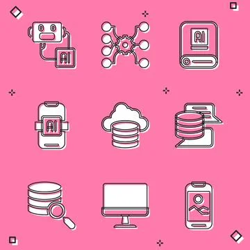 Set Artificial intelligence robot, Neural network, AI, Cloud database, Server 스톡 일러스트
