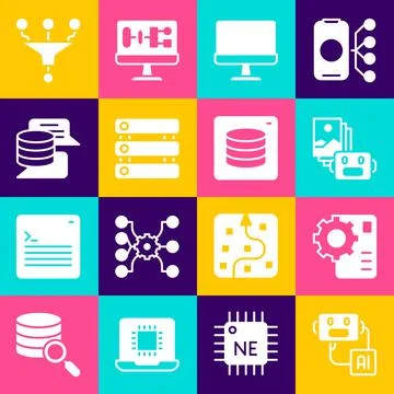 Set Artificial intelligence robot, Neural network, Computer monitor, Server Illustrazione stock