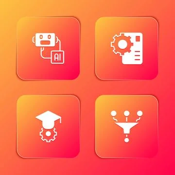 Set Artificial intelligence robot, Neural network, Graduation cap and Funne.. Stock Illustration
