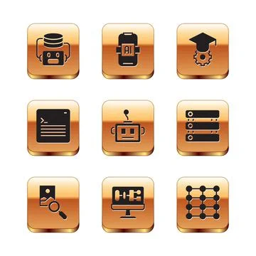 Set Artificial intelligence robot, Photo retouching, Algorithm, Web developer Stockillustratie