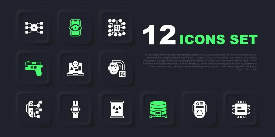 Set Artificial intelligence robot, Processor CPU, Internet piracy, Cloud da.. Illustrazione stock