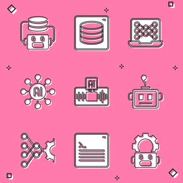 Set Artificial intelligence robot, Server, Data, Neural network, AI, and Web Stockillustratie