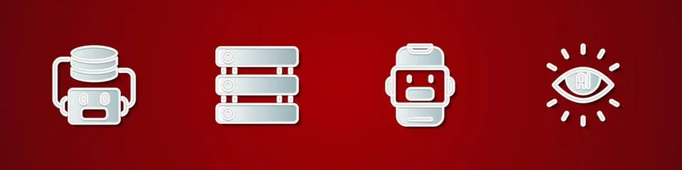 Set Artificial intelligence robot, Server, Data, Chat and AI icon. Vector Illustrazione stock