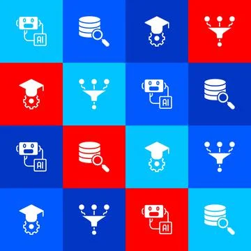 Set Artificial intelligence robot, Server, Graduation cap and Funnel or filte Stock Illustration