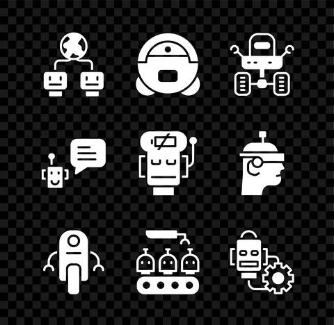 Set Artificial intelligence, Robot vacuum cleaner, Mars rover, Industrial Stock Illustration
