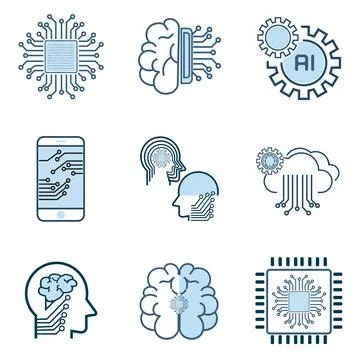 Set of Artificial Intelligence Vector Line Icons, Face Recognition, Android.. Stock Illustration