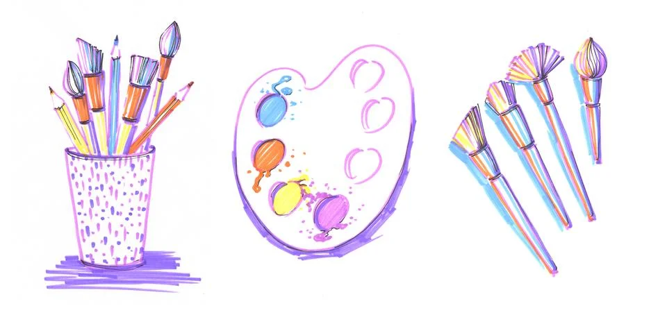 A set of artistic brushes, top view, side view, isolated illustration on a white Stock Illustration