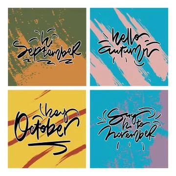 Set of artistic creative autumn cards. Hand Drawn brush lettering. Stock Illustration