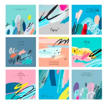 Set of artistic creative universal cards. Hand Drawn textures. Wedding, anniv Stock Illustration