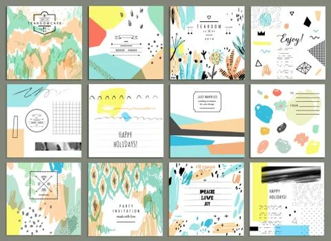 Set of artistic creative universal cards. Hand Drawn textures. Stock Illustration