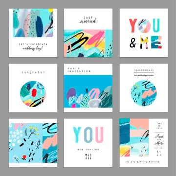 Set of artistic creative universal cards. Hand Drawn textures. Wedding, anniv Stock Illustration