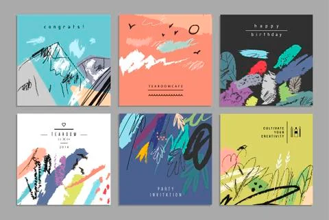 Set of artistic creative universal cards. Hand Drawn textures. Wedding, anniv Stock Illustration