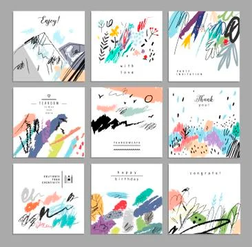 Set of artistic creative universal cards. Hand Drawn textures. Wedding, anniv Stock Illustration
