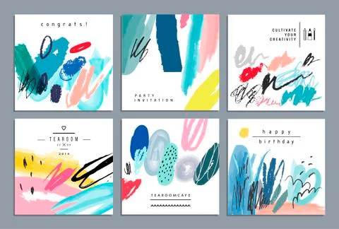 Set of artistic creative universal cards. Hand Drawn textures. Wedding, anniv Stock Illustration