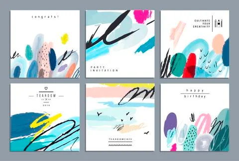 Set of artistic creative universal cards. Hand Drawn textures. Wedding, anniv Stock Illustration