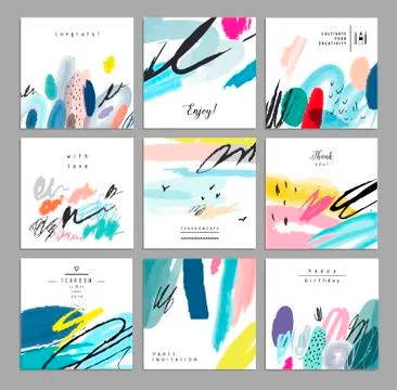 Set of artistic creative universal cards. Hand Drawn textures. Wedding, anniv Stock Illustration