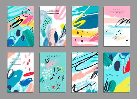 Set of artistic creative universal cards. Hand Drawn textures. Wedding, anniv Stock Illustration