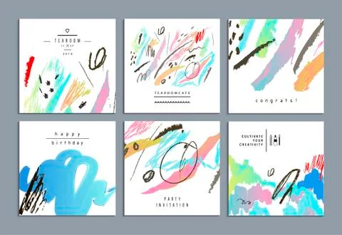 Set of artistic creative universal cards. Hand Drawn textures. Wedding, anniv Stock Illustration