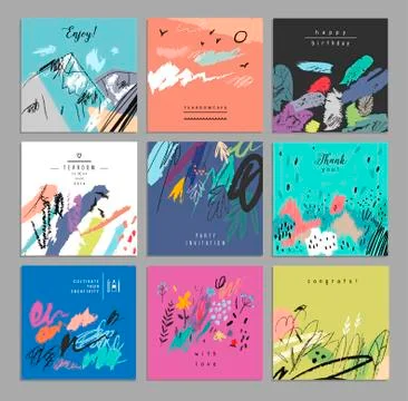 Set of artistic creative universal cards. Hand Drawn textures. Wedding, anniv Stock Illustration