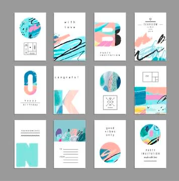 Set of artistic creative universal cards. Hand Drawn textures. Wedding, anniv Stock Illustration