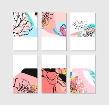 Set of artistic creative universal cards. Hand Drawn textures. Wedding イラスト素材