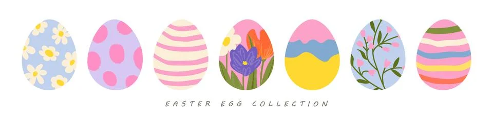 Set of artistic Easter egg designs in a flat, modern style, featuring flowers 库存插图