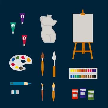 A set of artist's tools in the flat style. A set of illustrations for drawing Stock Illustration