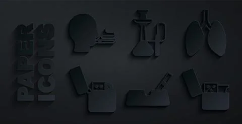 Set Ashtray with cigarette, Lungs, Lighter, Hookah and Man smoking icon. Vect Stock Illustration
