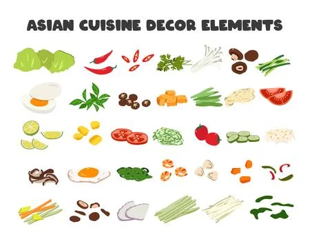 Set of Asian Food decor elements vector clipart. Chili, vegetables, carrot Stock Illustration