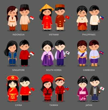 Set of asian pairs dressed in different national costumes. Stock Illustration