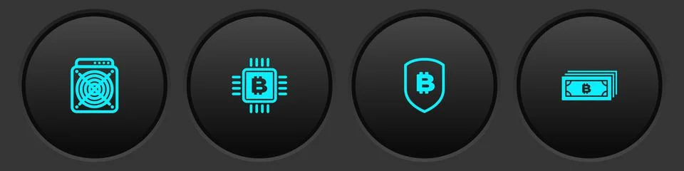 Set ASIC Miner, CPU mining farm, Shield with bitcoin and Cryptocurrency icon Stock Illustration