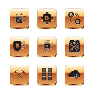 Set ASIC Miner, Crossed pickaxe, Mining farm, Processor chip with dollar, Shield Stock Illustration
