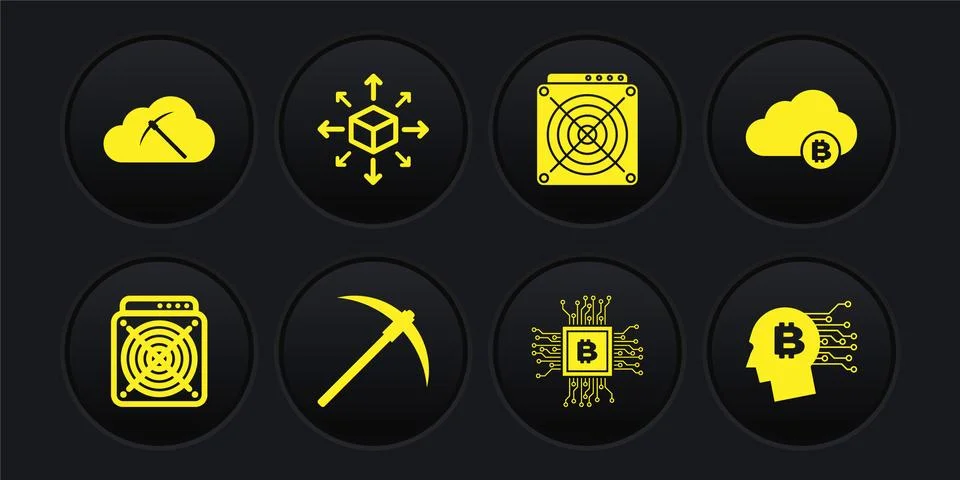 Set ASIC Miner, Cryptocurrency cloud mining, Pickaxe, CPU farm, and Distribution 스톡 일러스트