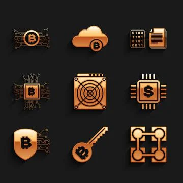 Set ASIC Miner, Cryptocurrency key, Blockchain technology, Processor chip with Stock Illustration