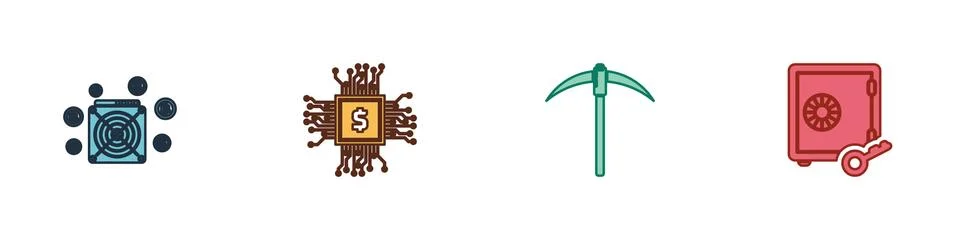 Set ASIC Miner, Processor chip with dollar, Pickaxe and Proof of stake icon Stock Illustration