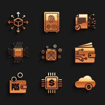 Set ASIC Miner, Processor chip with dollar, Cryptocurrency cloud mining, wa.. Illustrazione stock