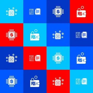 Set ASIC Miner, Smart contract, Processor chip with dollar and Proof of stake Illustrazione stock