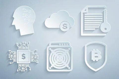 Set ASIC Miner, Smart contract, Processor chip with dollar, Shield bitcoin Stock Illustration
