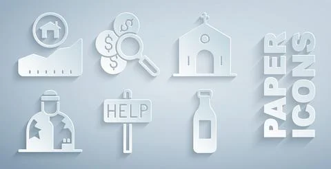 Set Ask for help text, Church building, Homeless, Bottle of water, Search money Ilustración de archivo