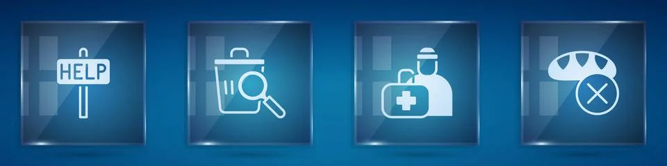 Set Ask for help text, Searching food, First aid kit and Donation. Square glass Ilustração Stock