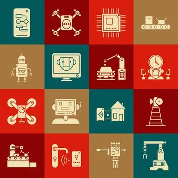 Set Assembly line, Antenna, Robot and digital time manager, Processor with 스톡 일러스트