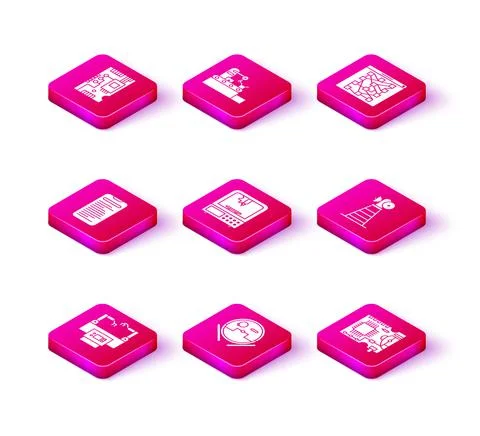 Set Assembly line, Robot vacuum cleaner, Computer api interface, 3D printer Stock Illustration