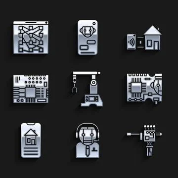 Set Assembly line, Worker robot, Mechanical hand and screwdriver, Printed Stock Illustration