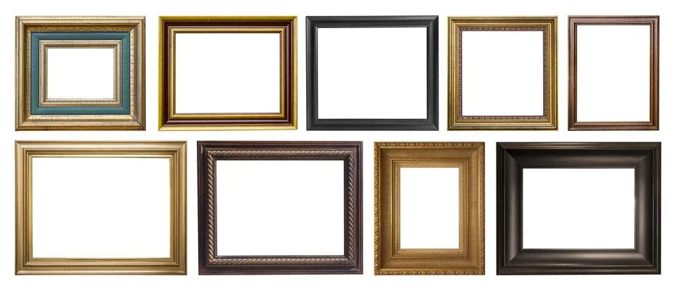 Set of assorted classic empty picture frames with wood and gold textures Stock Photos