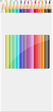 A set of assorted color pencils arranged in a box, organized in a spectrum .. Stock Illustration