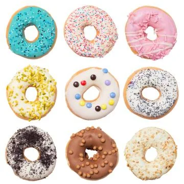 Set of assorted donuts isolated on white background Stock Photos