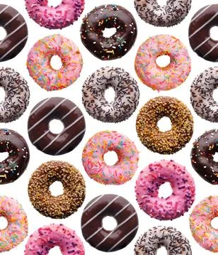 Set of assorted donuts, seamless pattern Stock Photos